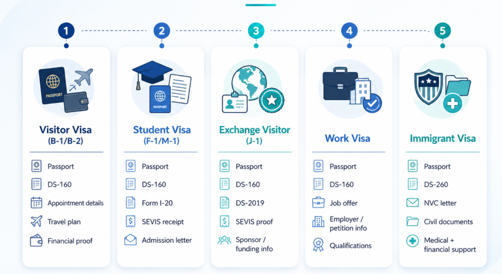 Documents for U.S. Embassy visa interview questions.