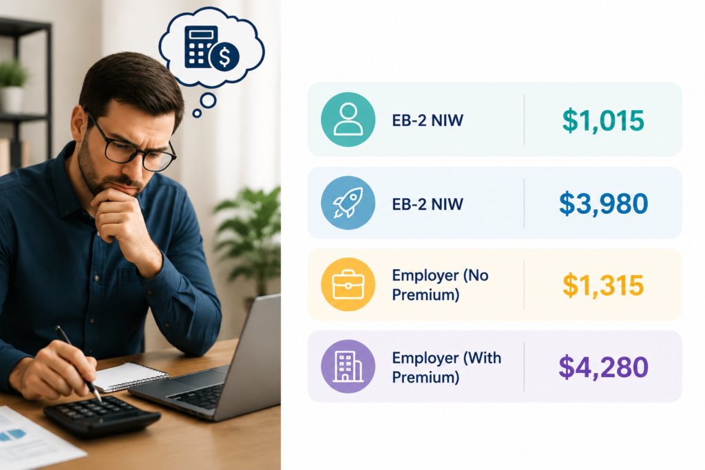 EB-2 NIW forms and fees infographic showing filing cost scenarios and totals.