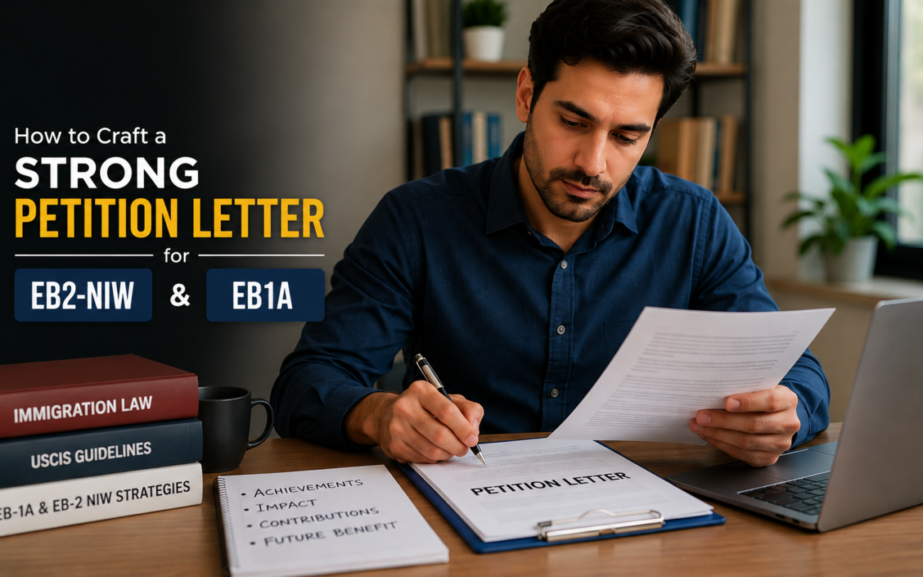 Man drafting an EB2-NIW and EB1A petition letter in an office.