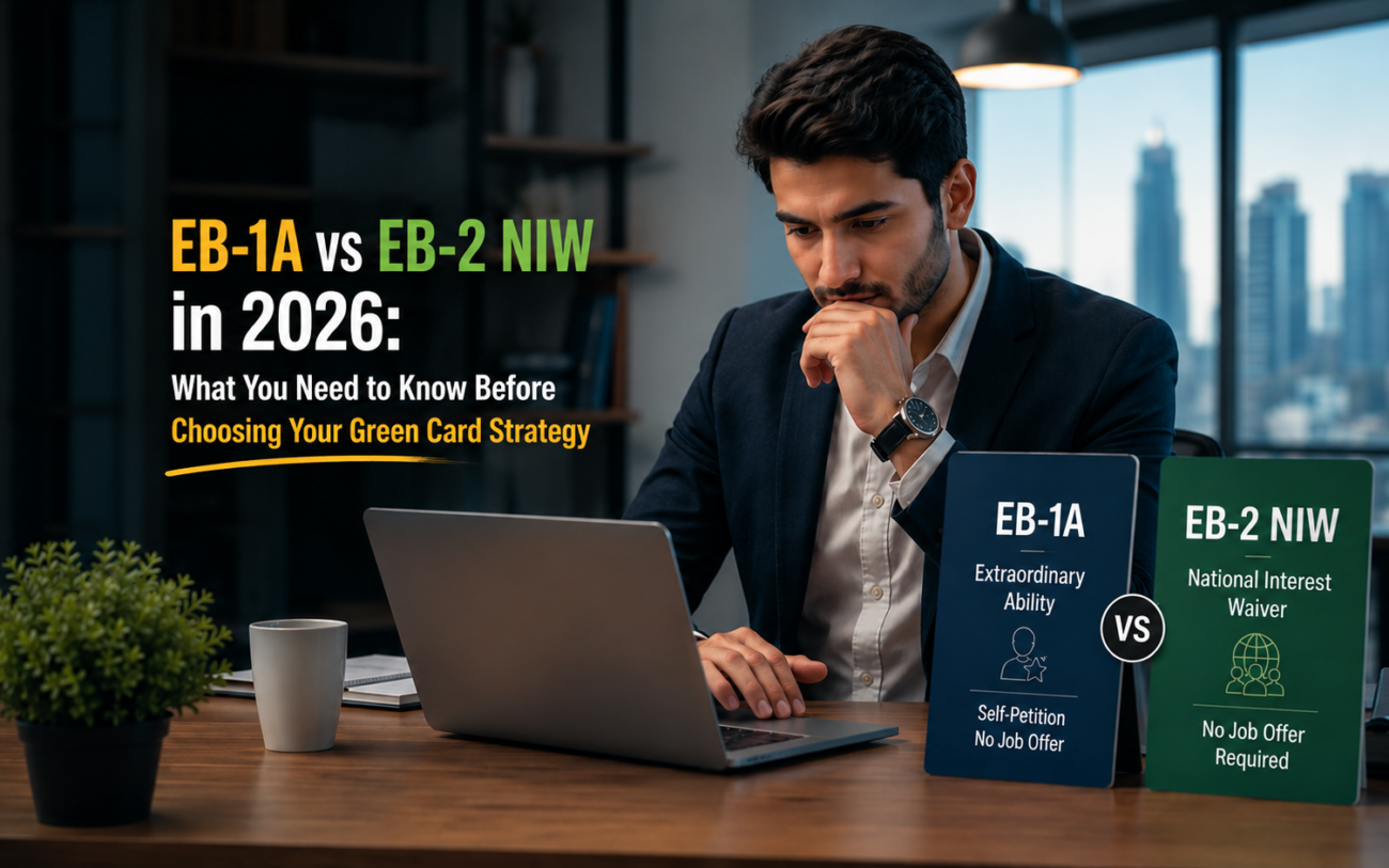 EB-1A vs EB-2 NIW in 2026 while planning a U.S. green card strategy in a modern office setting.