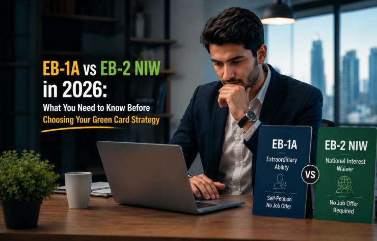 EB-1A vs EB-2 NIW in 2026 while planning a U.S. green card strategy in a modern office setting.