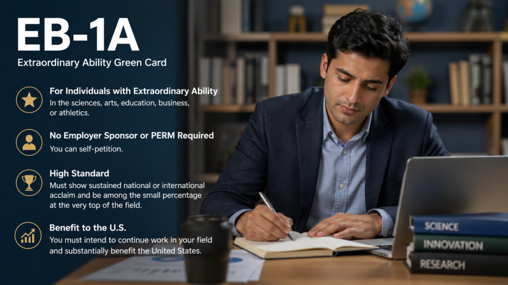 Realistic professional working on an EB-1A extraordinary ability green card application in an office setting.