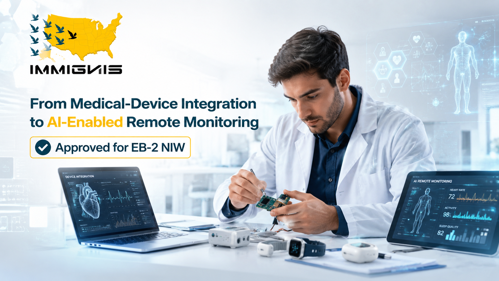 EB2 NIW Biomedical Engineer working on AI-enabled wearable medical device integration and remote patient monitoring in healthcare system