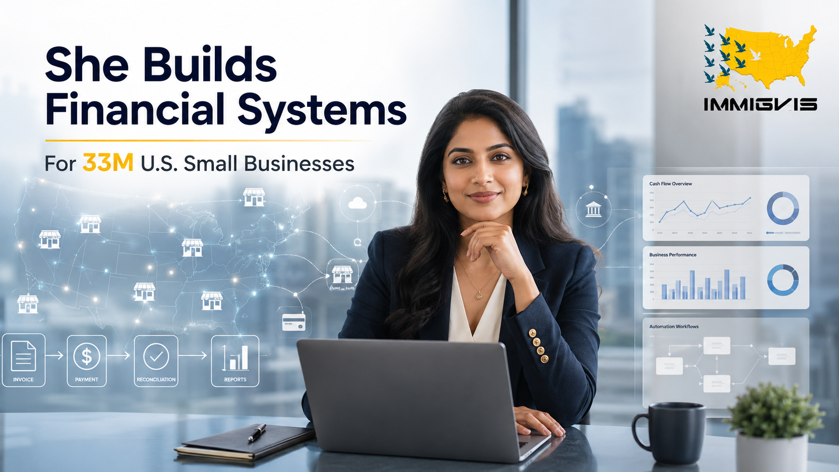 EB-2 NIW for finance professional South Asian finance professional building digital financial automation systems for 33 million U.S. small businesses, with Immignis logo overlay.