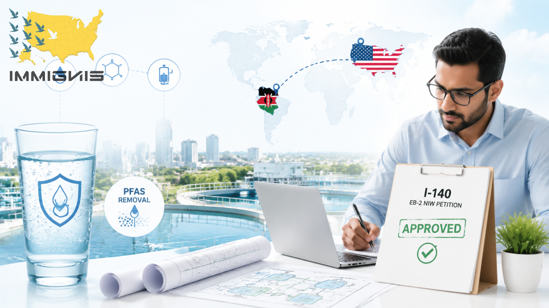 Environmental engineer analyzing PFAS water treatment data with EB-2 NIW approval documents and Kenya chargeability immigration pathway visualization