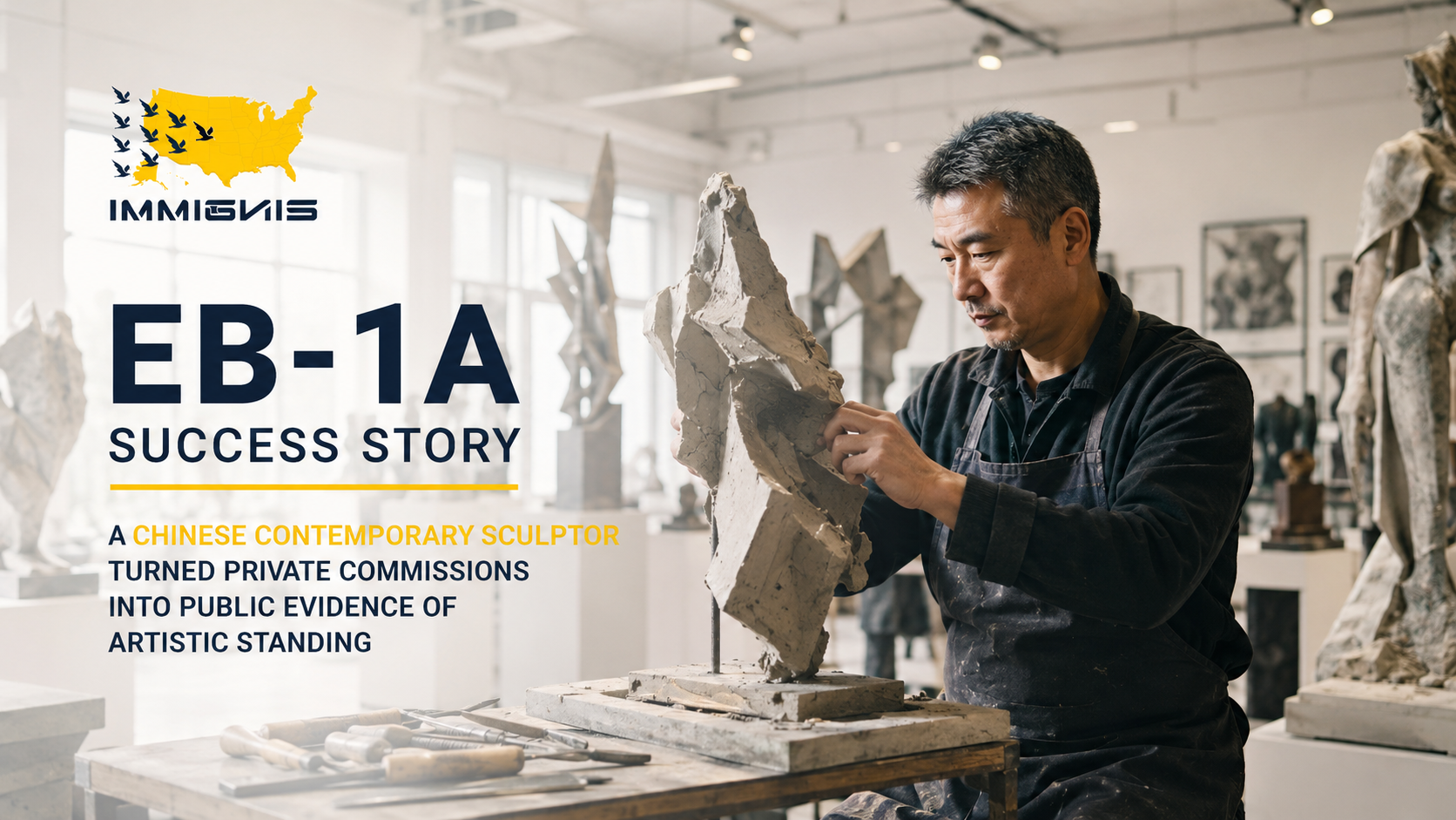 Chinese contemporary sculptor EB-1A applicant standing beside a monumental sculpture displayed in a modern public art setting.