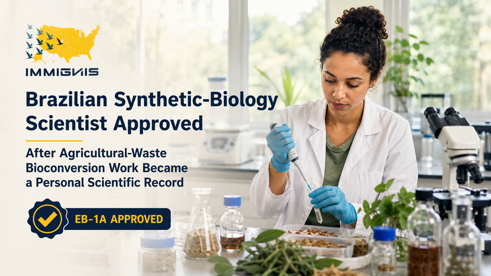 Brazilian Synthetic-Biology Scientist presenting agricultural-waste bioconversion research in a modern biotechnology laboratory.