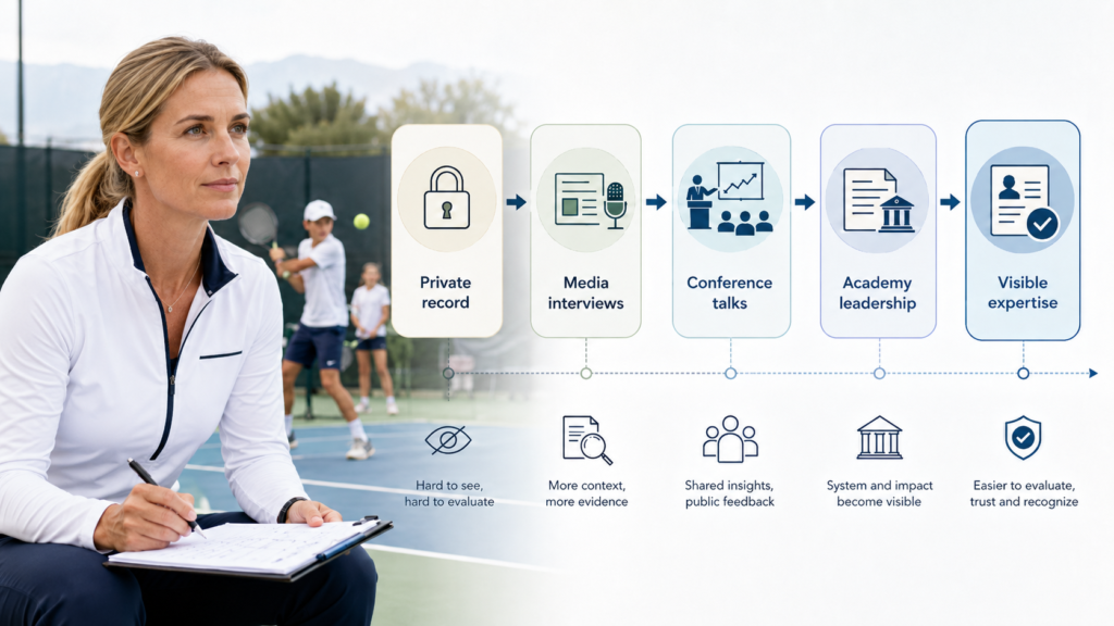 EB-1A for Tennis Coaches infographic showing how media and public recognition strengthen coaching evidence.