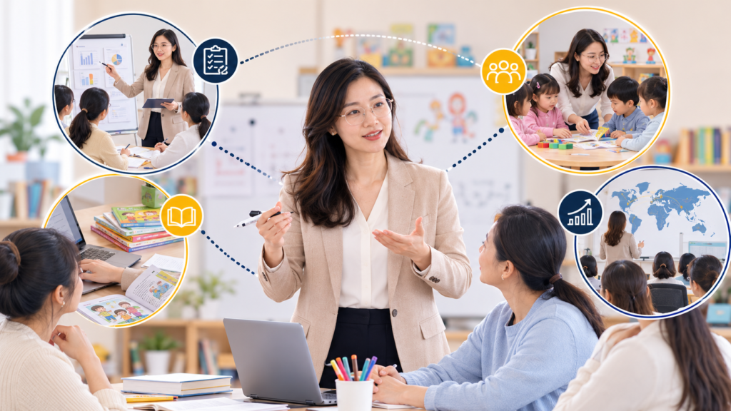EB-1A Early Childhood Education Researcher infographic showing teacher training leadership, classroom adoption, curriculum development, and educational impact