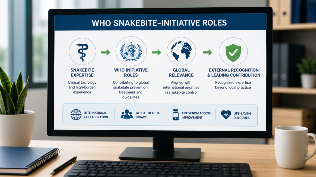 EB-1A Clinical Toxicologist infographic on WHO snakebite initiative leadership.