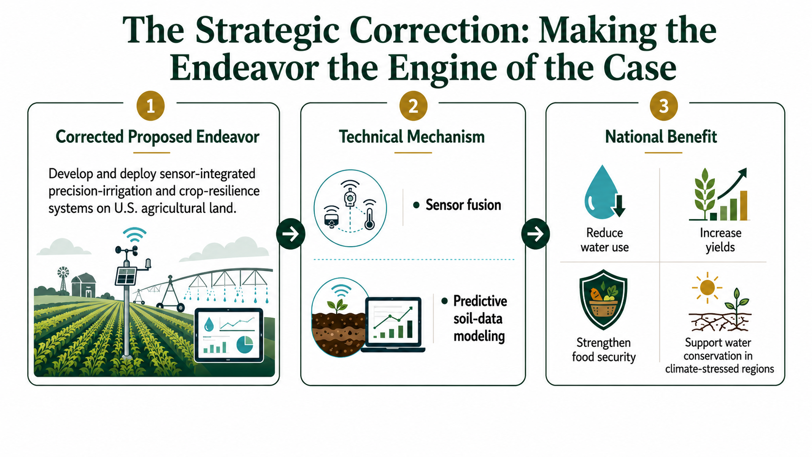Before and after infographic showing strategic correction in EB-2 NIW case, transforming a weak endeavor into a precision agriculture focused national interest strategy