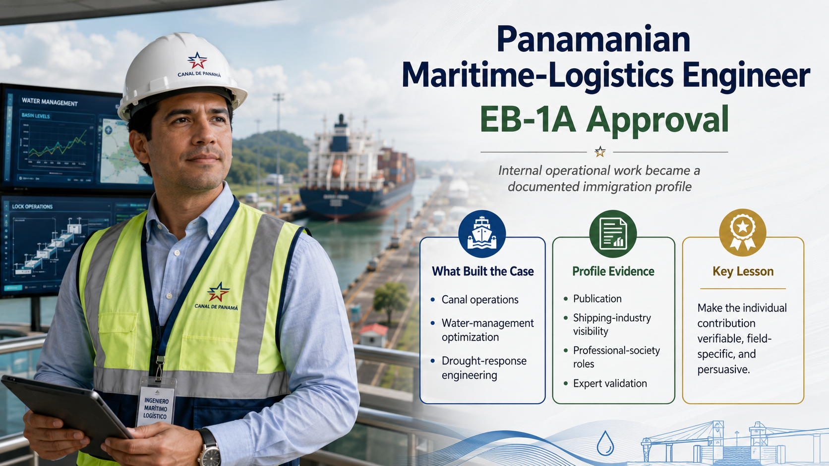 EB-1A for Maritime Engineers infographic showing canal operations, water management, and engineering evidence