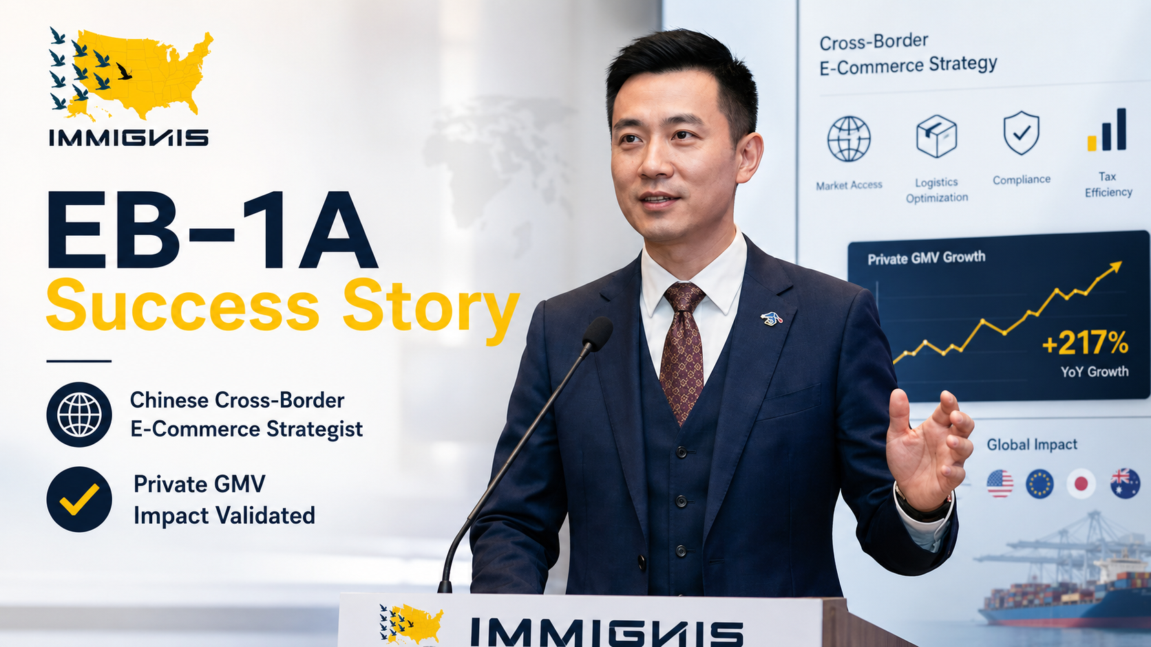 Chinese Cross Border E-Commerce Strategist presenting marketplace growth and international e-commerce strategy during an industry event.