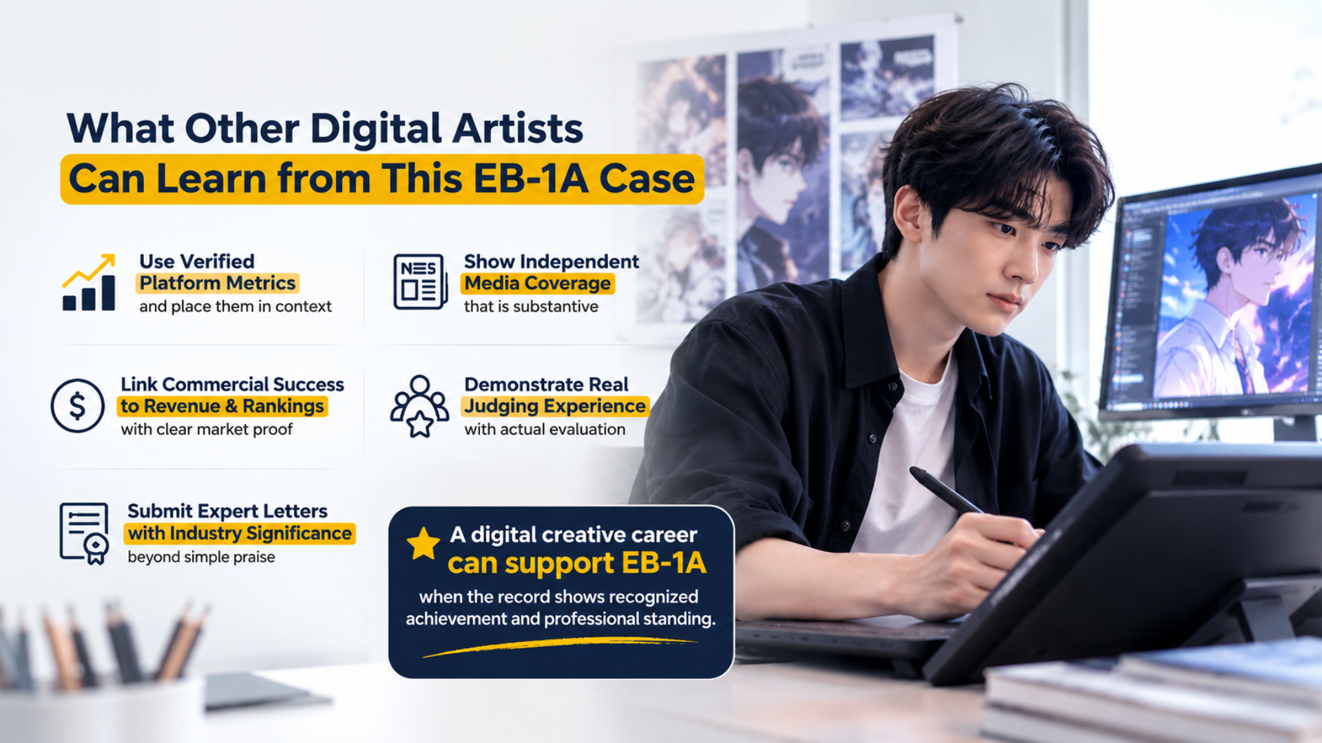 Platform readership, industry recognition, and commercial success evidence in an EB-1A webtoon artist case