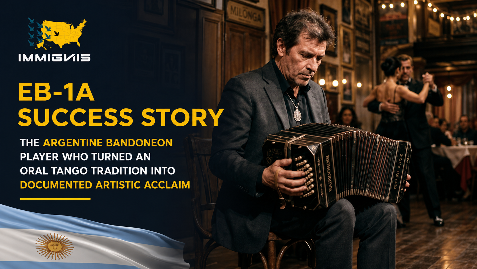 Argentine bandoneon musician performing tango on stage during a live concert, illustrating the Argentine Bandoneon Player EB-1A journey.