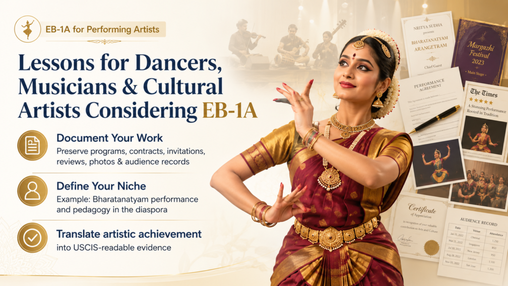 Second Image Alt Text:
EB-1A Bharatanatyam Dancer teaching students classical technique and cultural expression