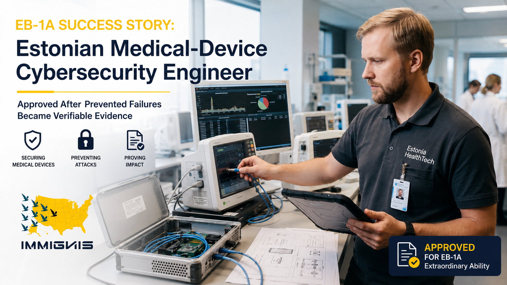 Estonian medical device cybersecurity engineer reviewing secure hospital device systems for a Medical Device Cybersecurity Engineer EB-1A approval.