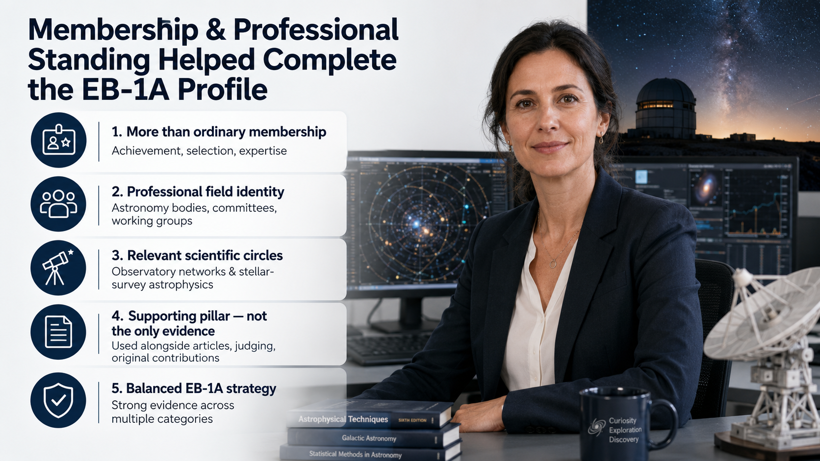 EB-1A for Astrophysicists infographic explaining membership and professional standing evidence