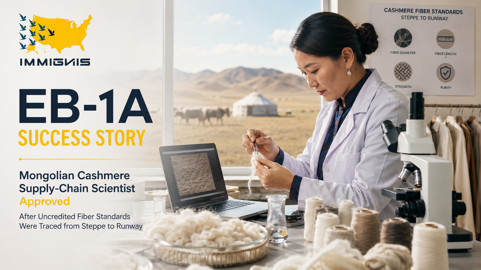 A Mongolian scientist examining premium cashmere fibers in a textile laboratory, representing a Mongolian Cashmere Supply Chain Scientist.