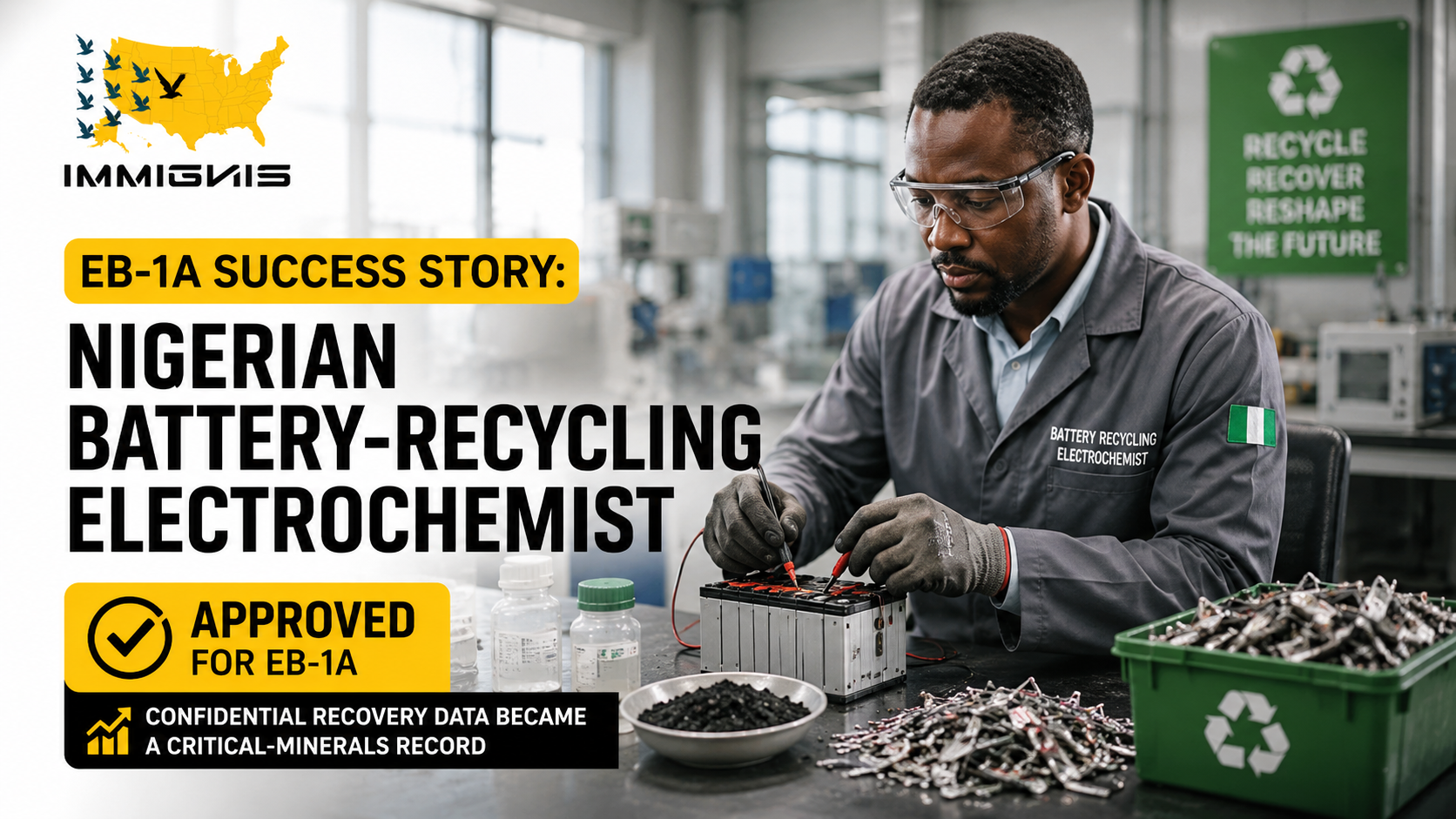 Nigerian battery recycling electrochemist presenting lithium-ion battery recovery research and critical minerals innovation for an EB-1A petition.