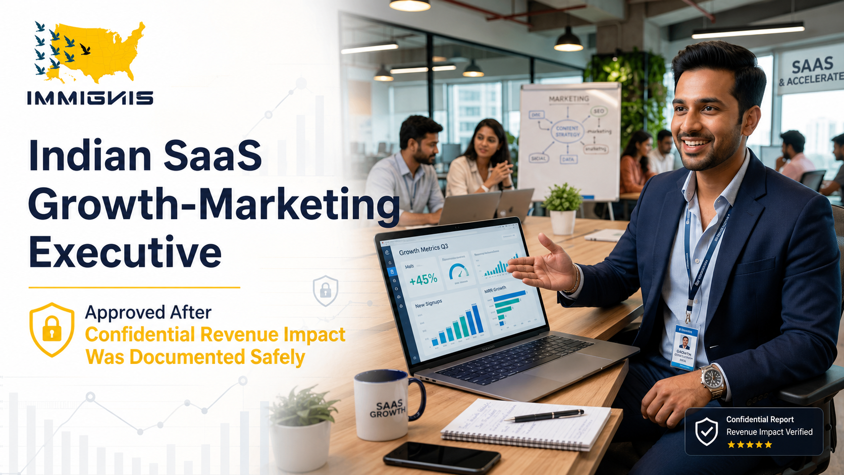 Indian SaaS Growth Marketing Executive presenting enterprise SaaS growth strategy and documented business impact for an EB-1A petition.