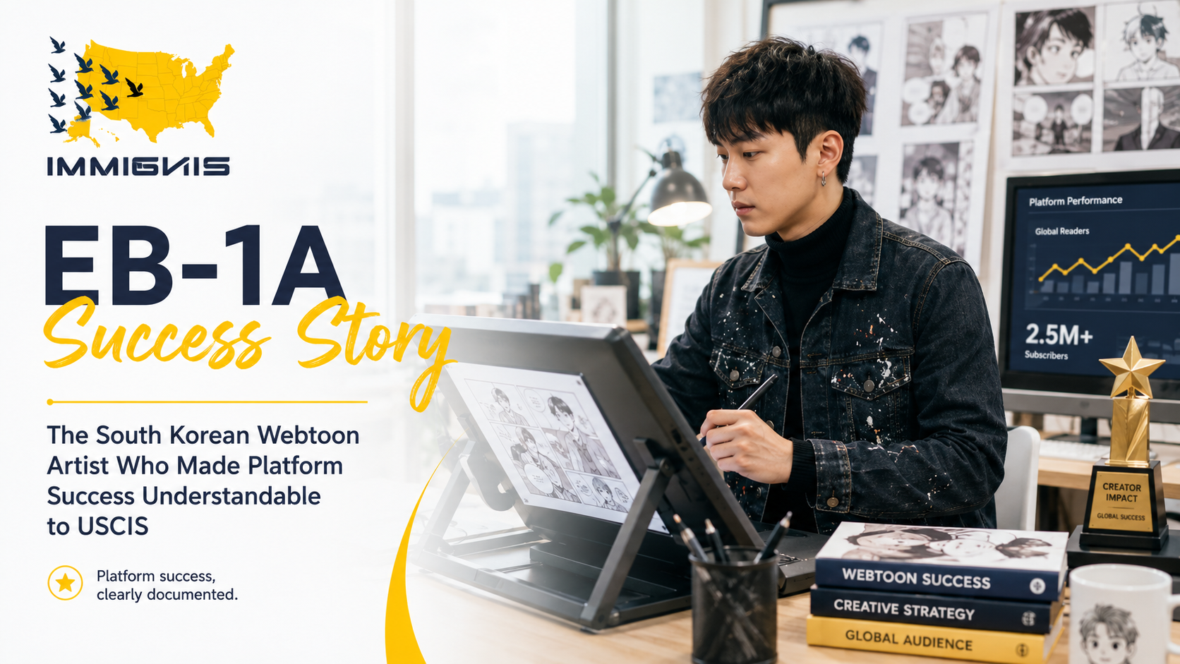 South Korean EB-1A webtoon artist presenting digital comics success and industry recognition for USCIS approval