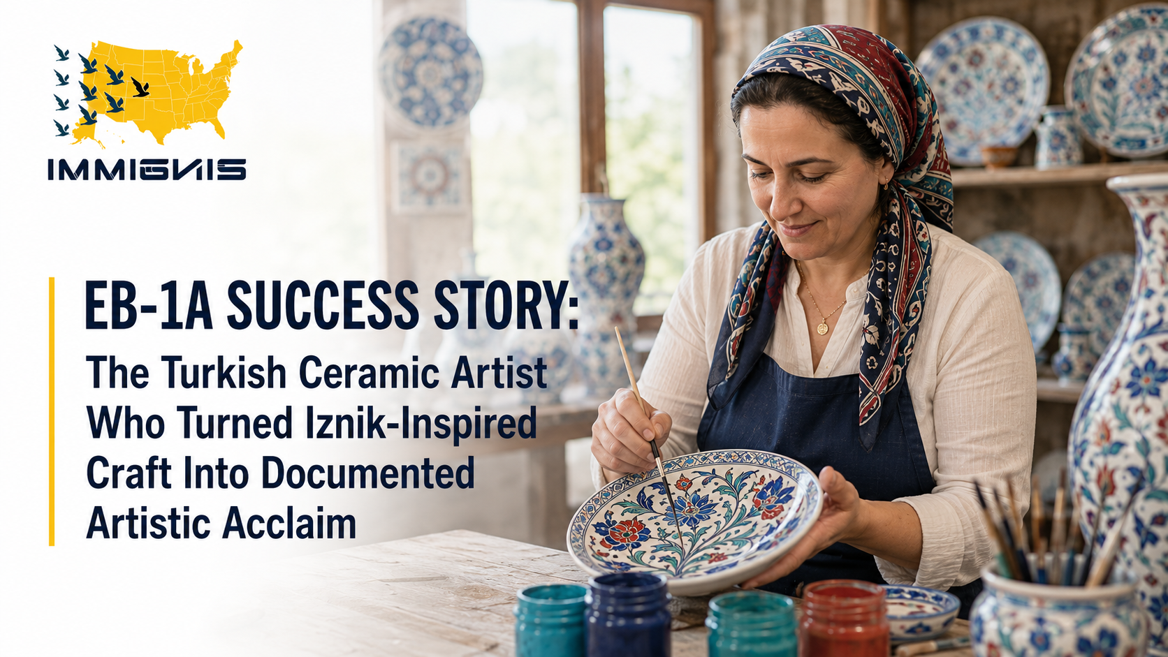 Turkish ceramic artist creating contemporary Iznik-inspired pottery in a professional ceramics studio for a Turkish Ceramic Artist EB-1A case.