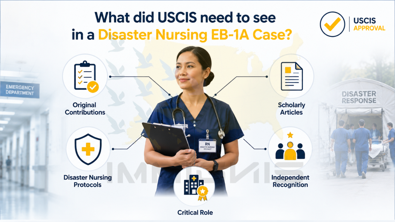 EB-1A Disaster Nursing Expert evidence infographic.