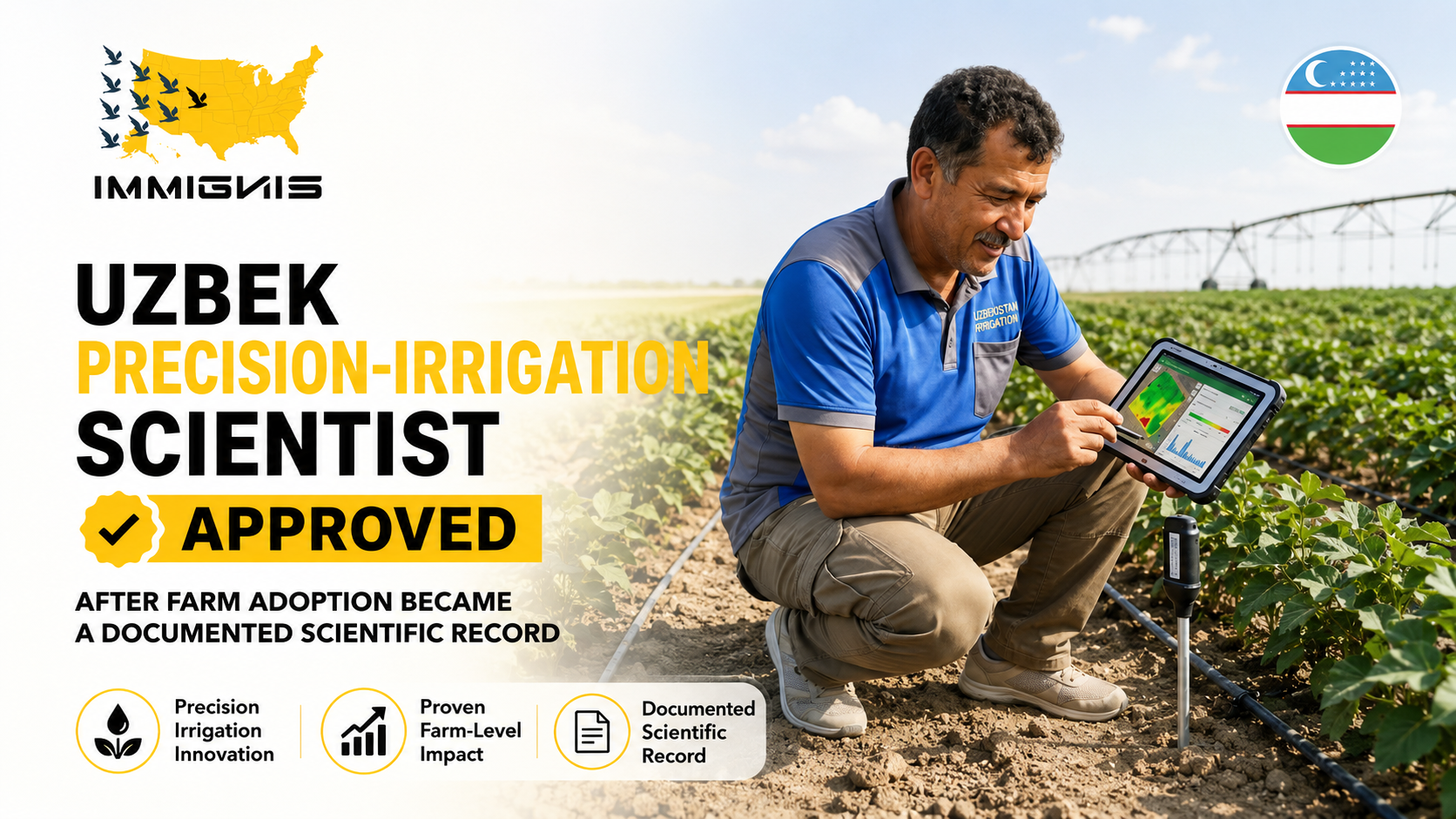 EB-1A agricultural scientist examining a precision irrigation system in an Uzbek agricultural field