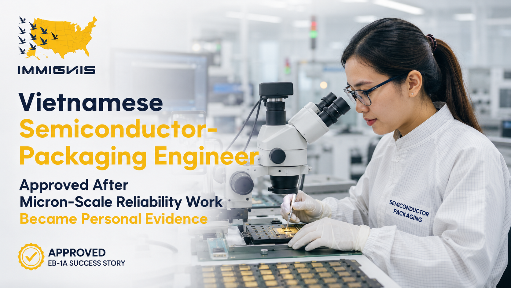 Vietnamese Semiconductor Packaging Engineer examining advanced chip packaging and thermal reliability components in a semiconductor laboratory.