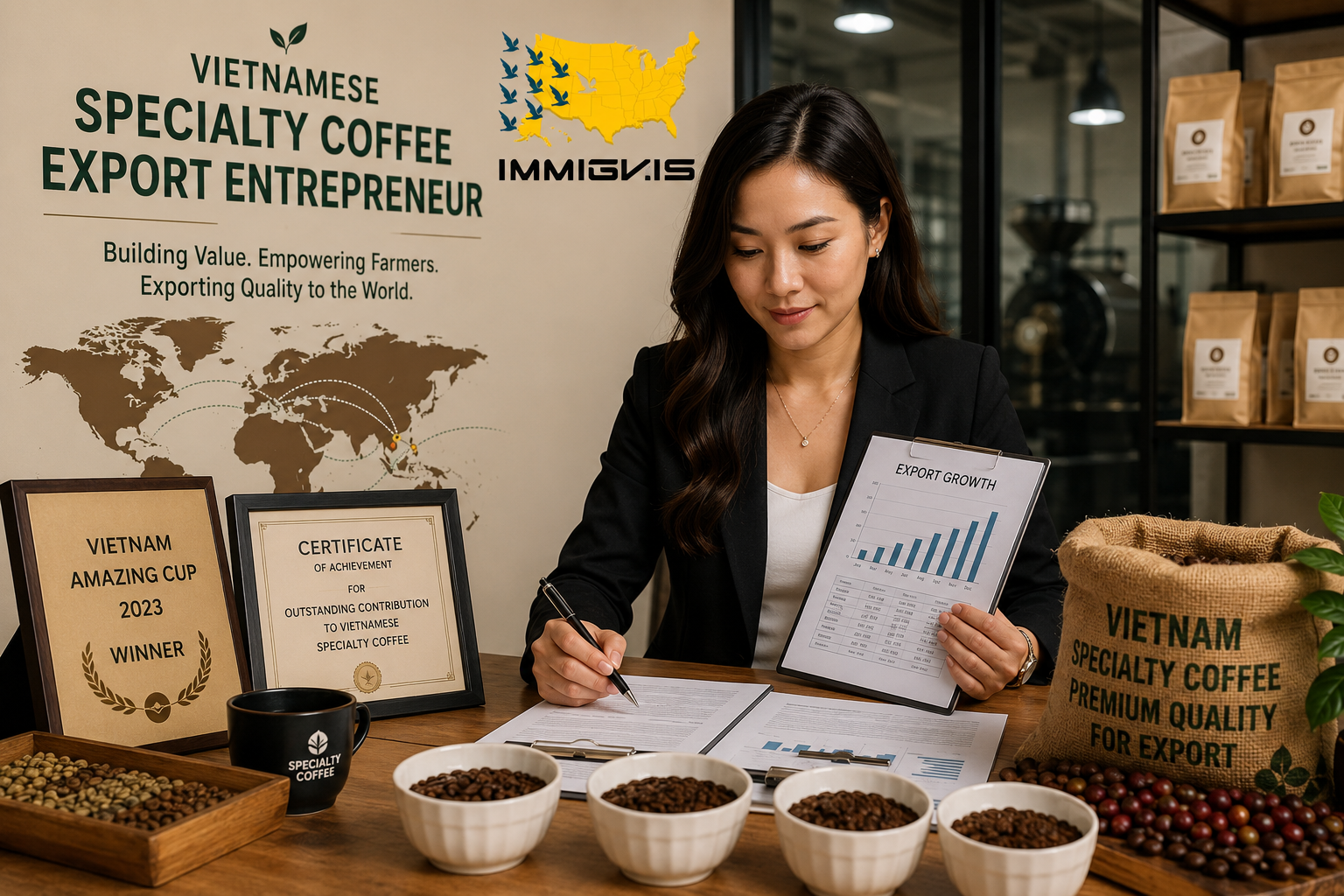 Vietnamese specialty coffee export entrepreneur reviewing premium coffee beans and export documents at a specialty coffee facility.