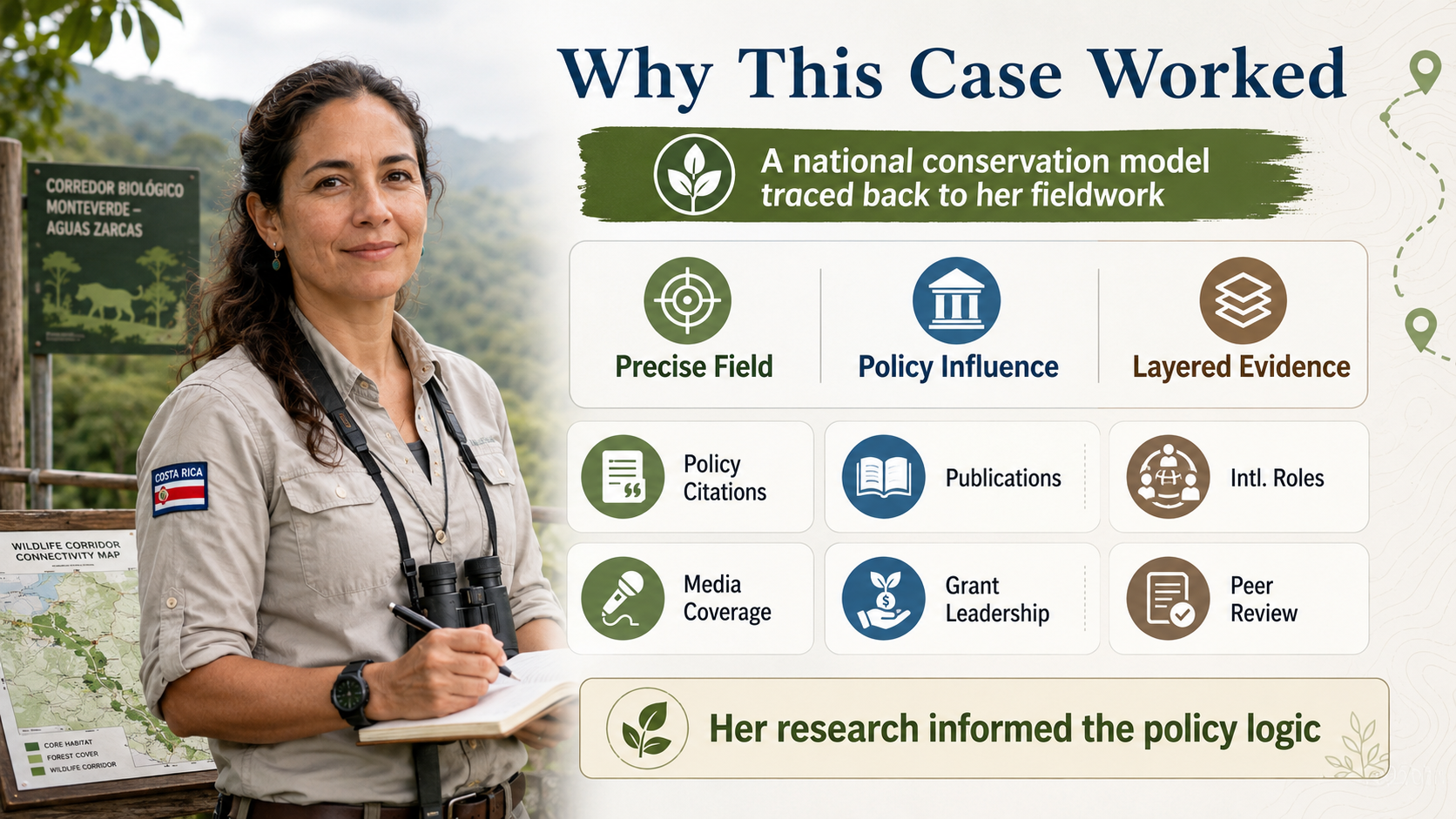EB-1A Conservation Biologist infographic showing field research, policy influence, publications, grant leadership, peer review, and international conservation roles