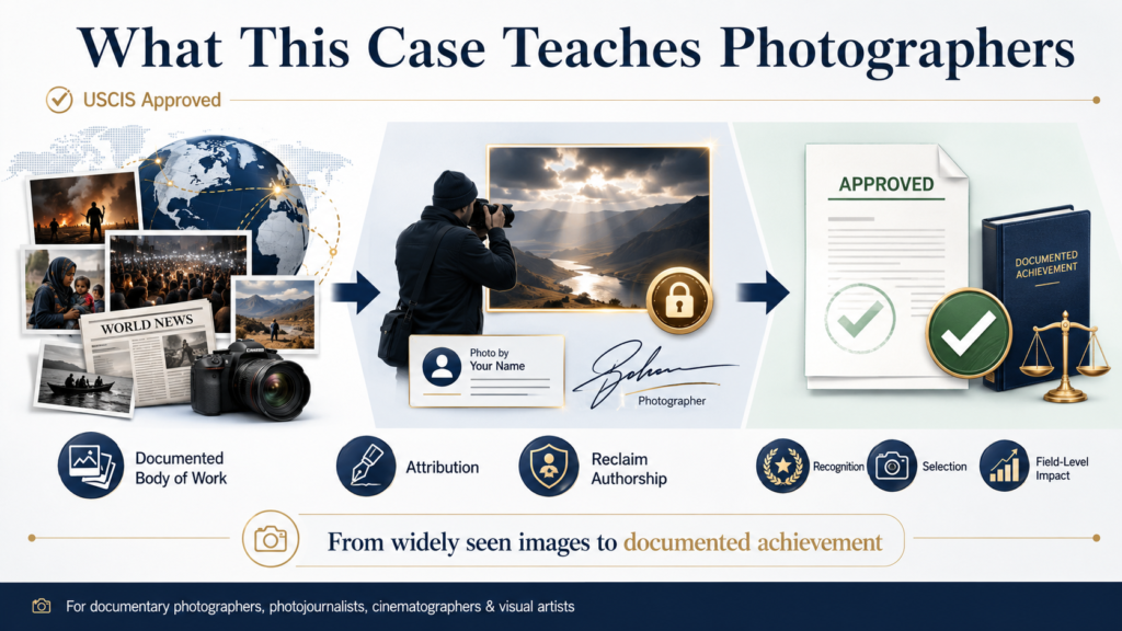 EB-1A Documentary Photographer authorship and recognition infographic.