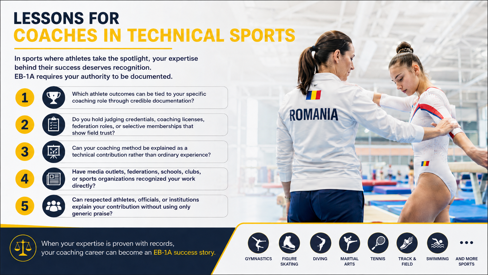 EB-1A for Gymnastics Coaches infographic showing evidence checklist for technical sports coaches