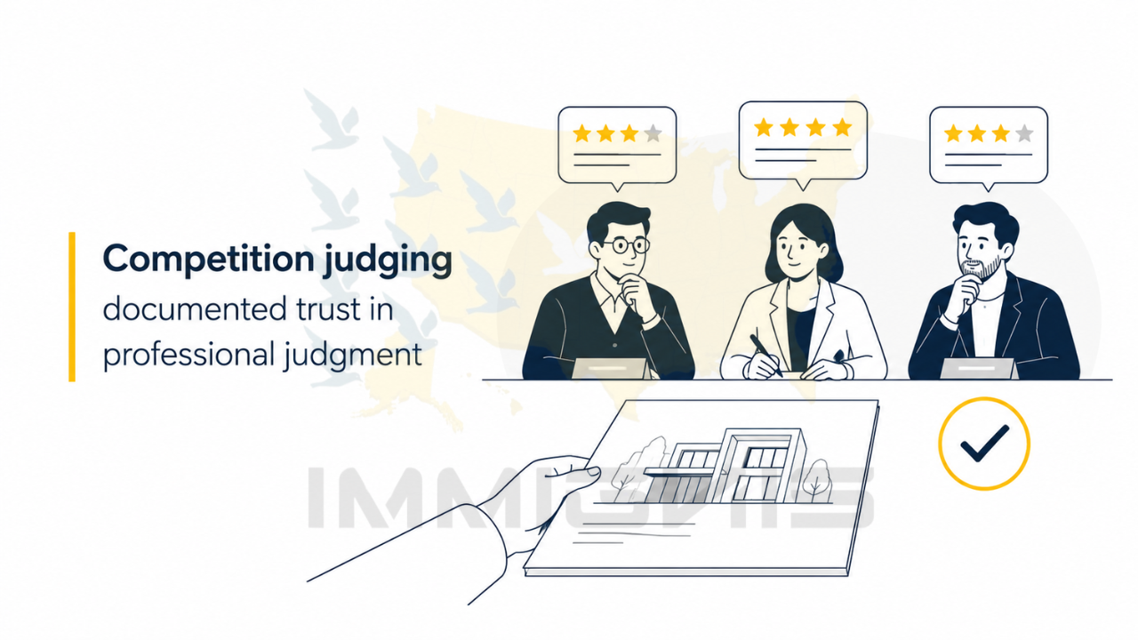 EB-1A for Architects infographic showing competition judging as evidence of professional trust