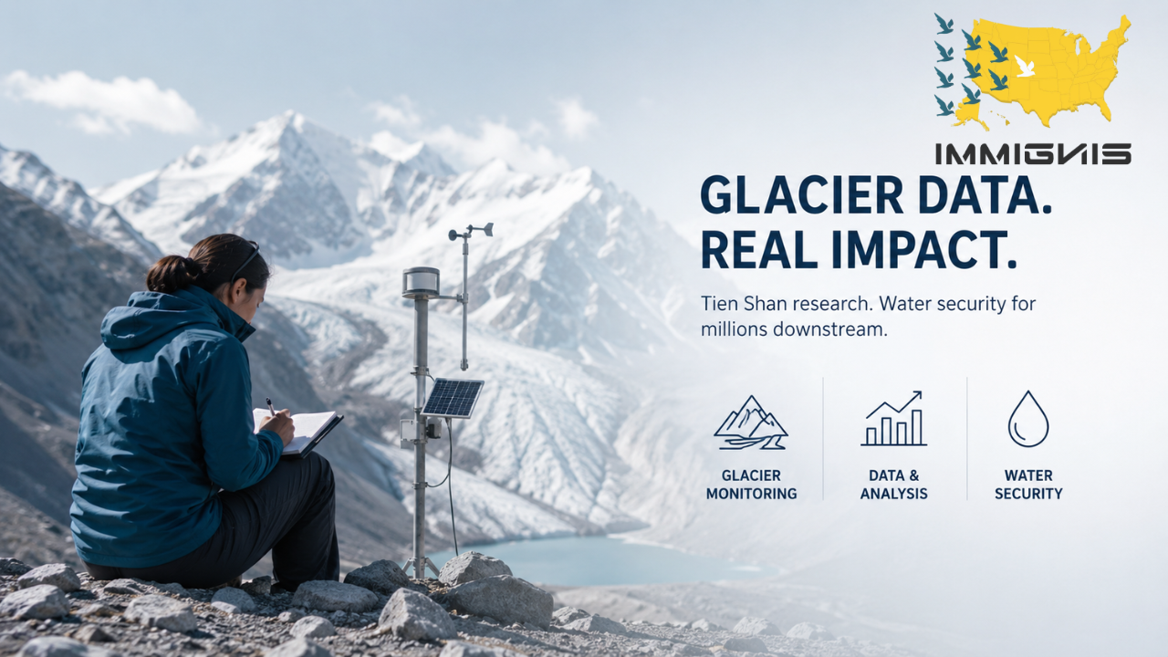 Kyrgyz glaciologist conducting glacier field research in the Tien Shan Mountains while collecting ice measurements for Kyrgyz Glaciologist EB-1A evidence.