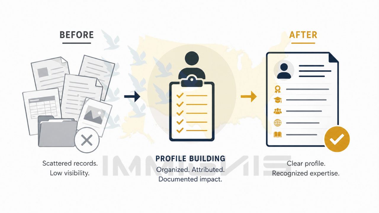 EB-1A for Rehabilitation Specialists infographic showing profile building from scattered records to documented expertise