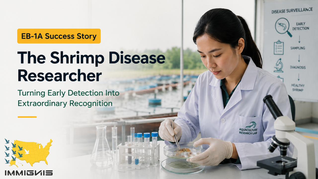 EB-1A Shrimp Disease Researcher monitoring early disease signs in a shrimp pond