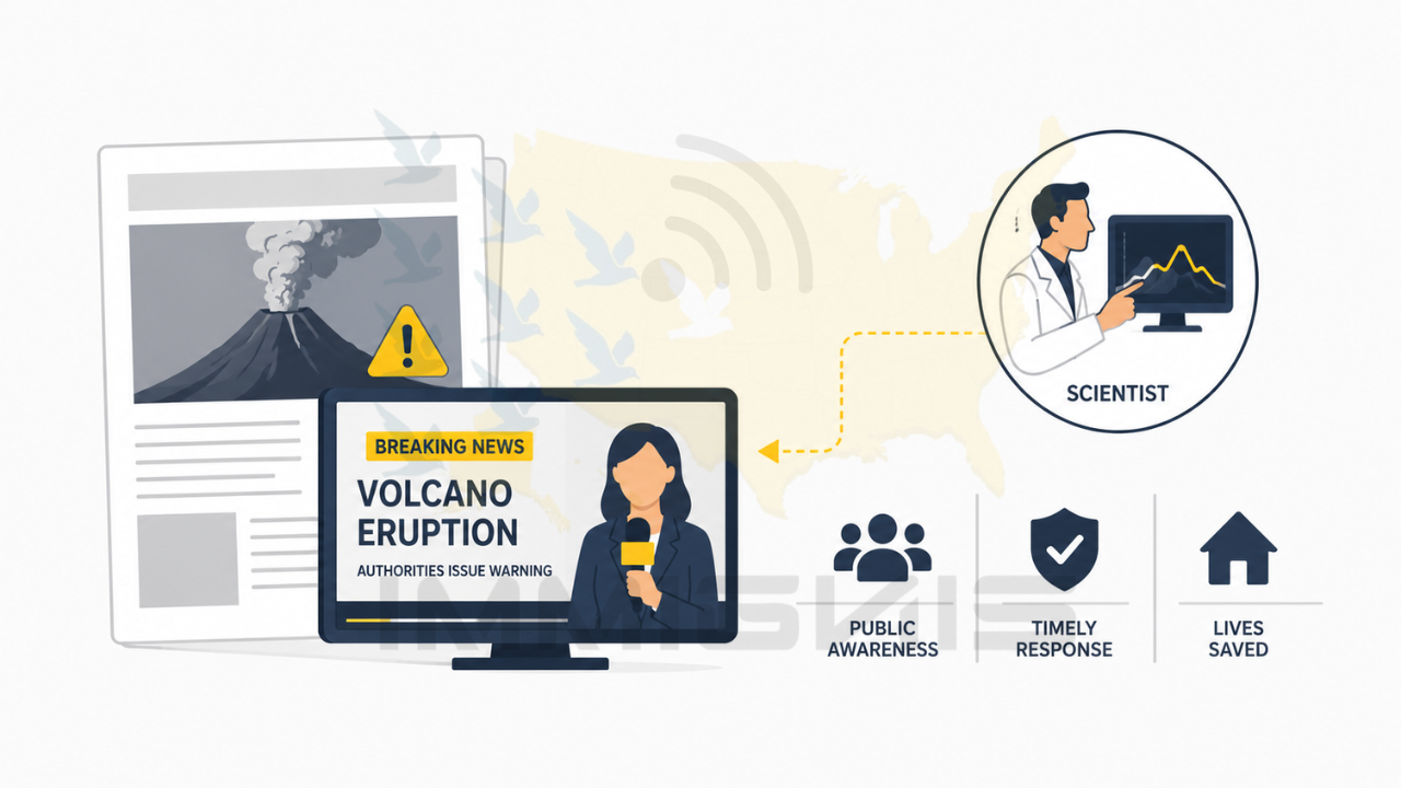 EB-1A Volcanologist media coverage and impact infographic.