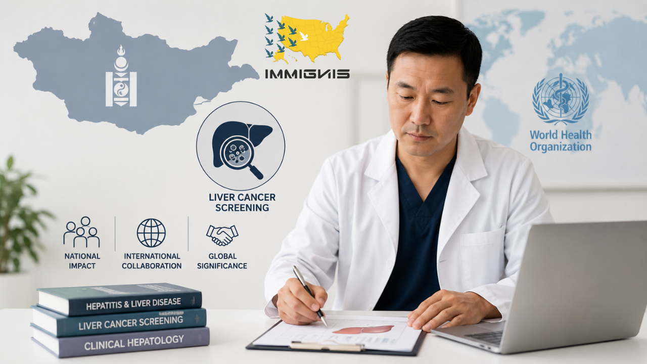 Mongolian hepatology clinician reviewing liver cancer screening records during a Mongolian Hepatology Clinician EB-1A case journey.