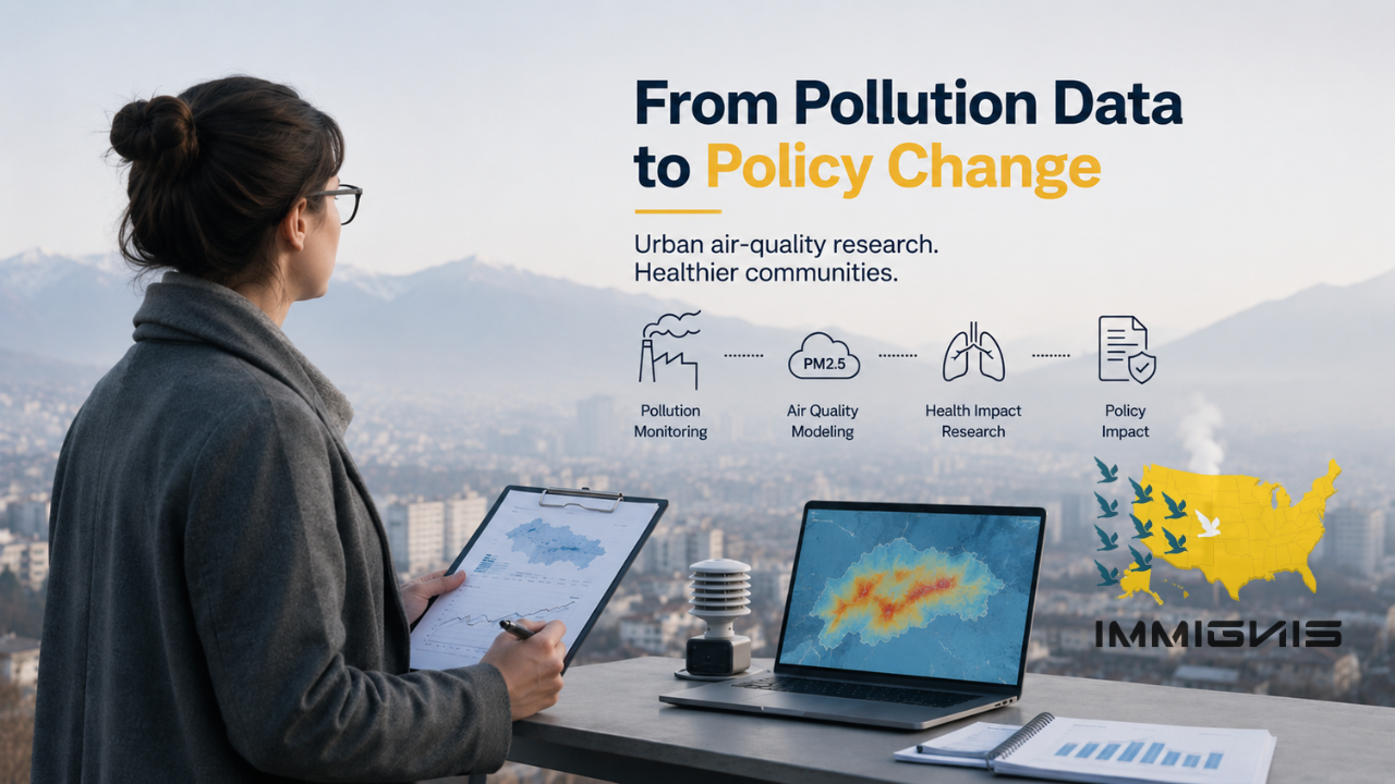 North Macedonian air quality scientist analyzing urban pollution data for an North Macedonian Air-Quality Scientist EB-1A approval case.