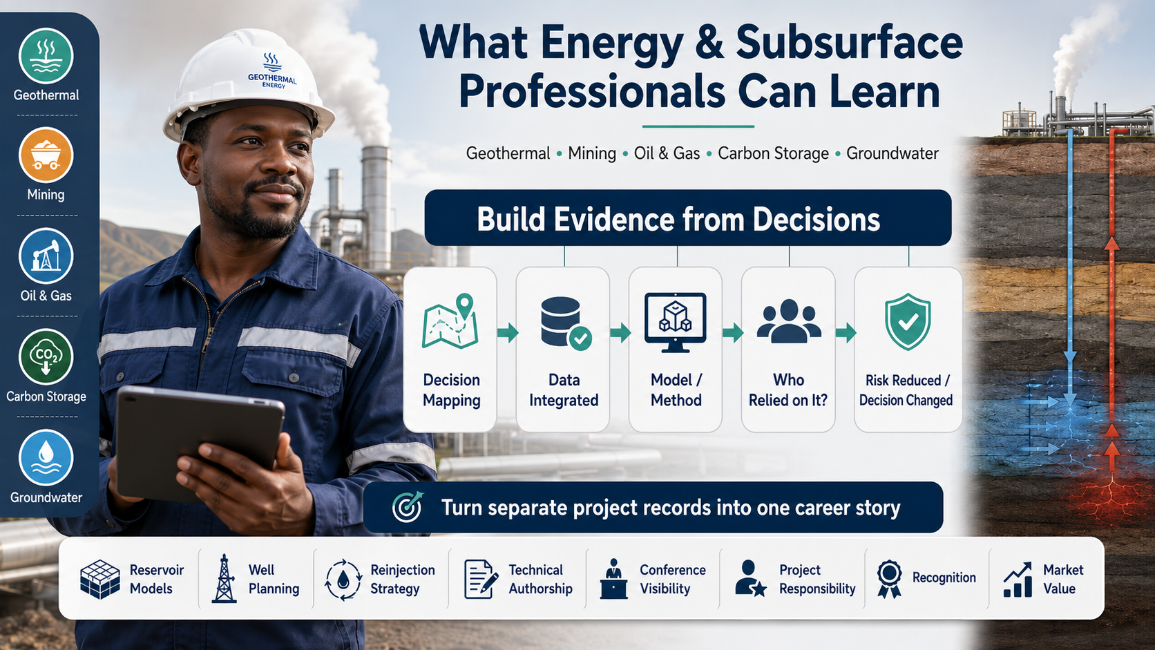 EB-1A Geothermal Reservoir Engineer evidence-building infographic.