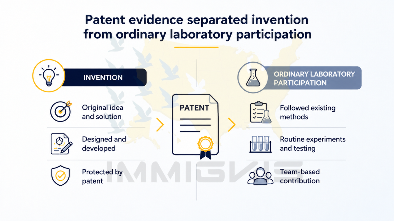 EB-1A Desalination Membrane Scientist infographic showing how patent evidence distinguishes original invention from routine laboratory participation.