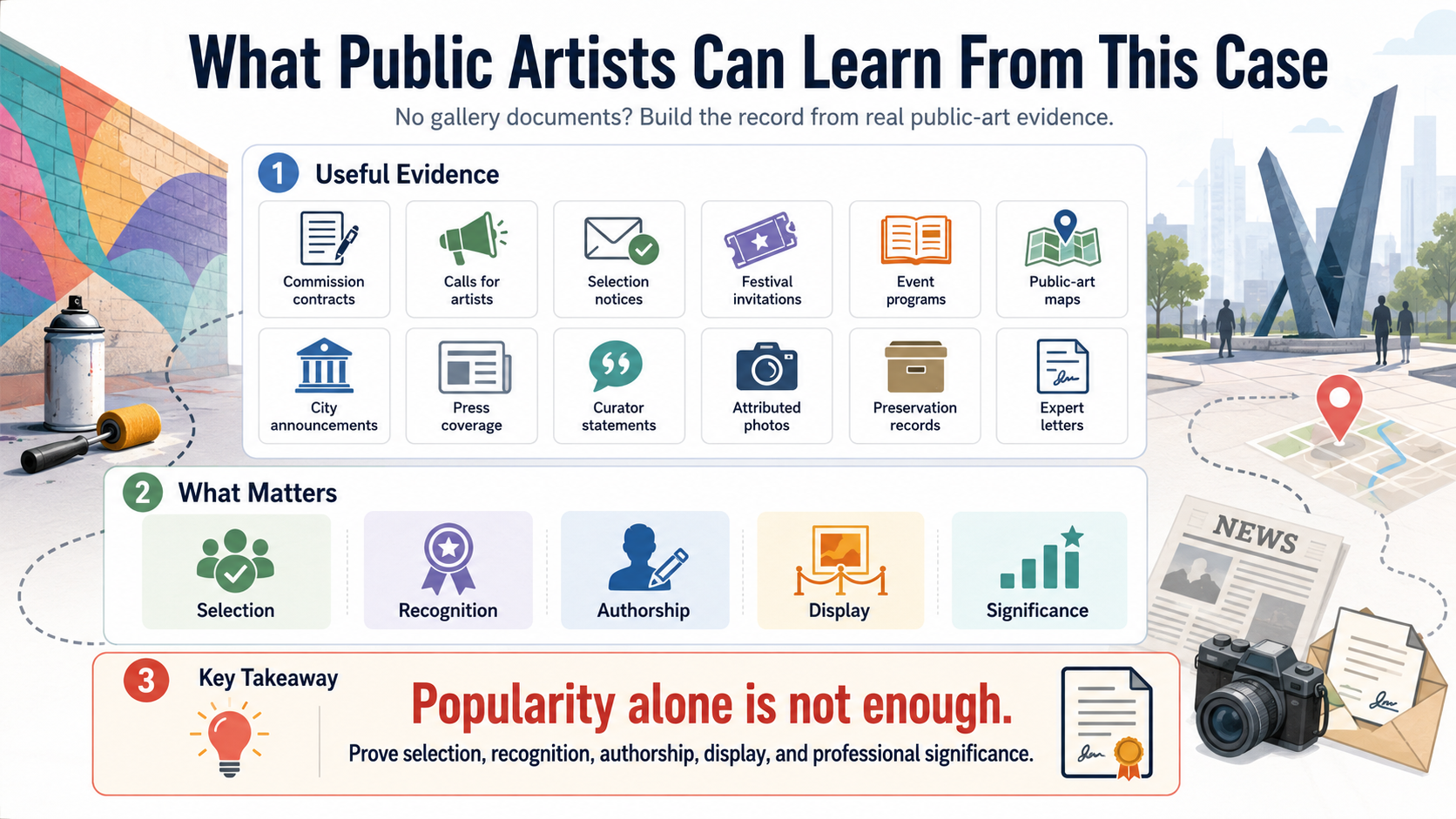 EB-1A Muralist infographic showing how public artists can build evidence through commissions, recognition, authorship, and public art records.