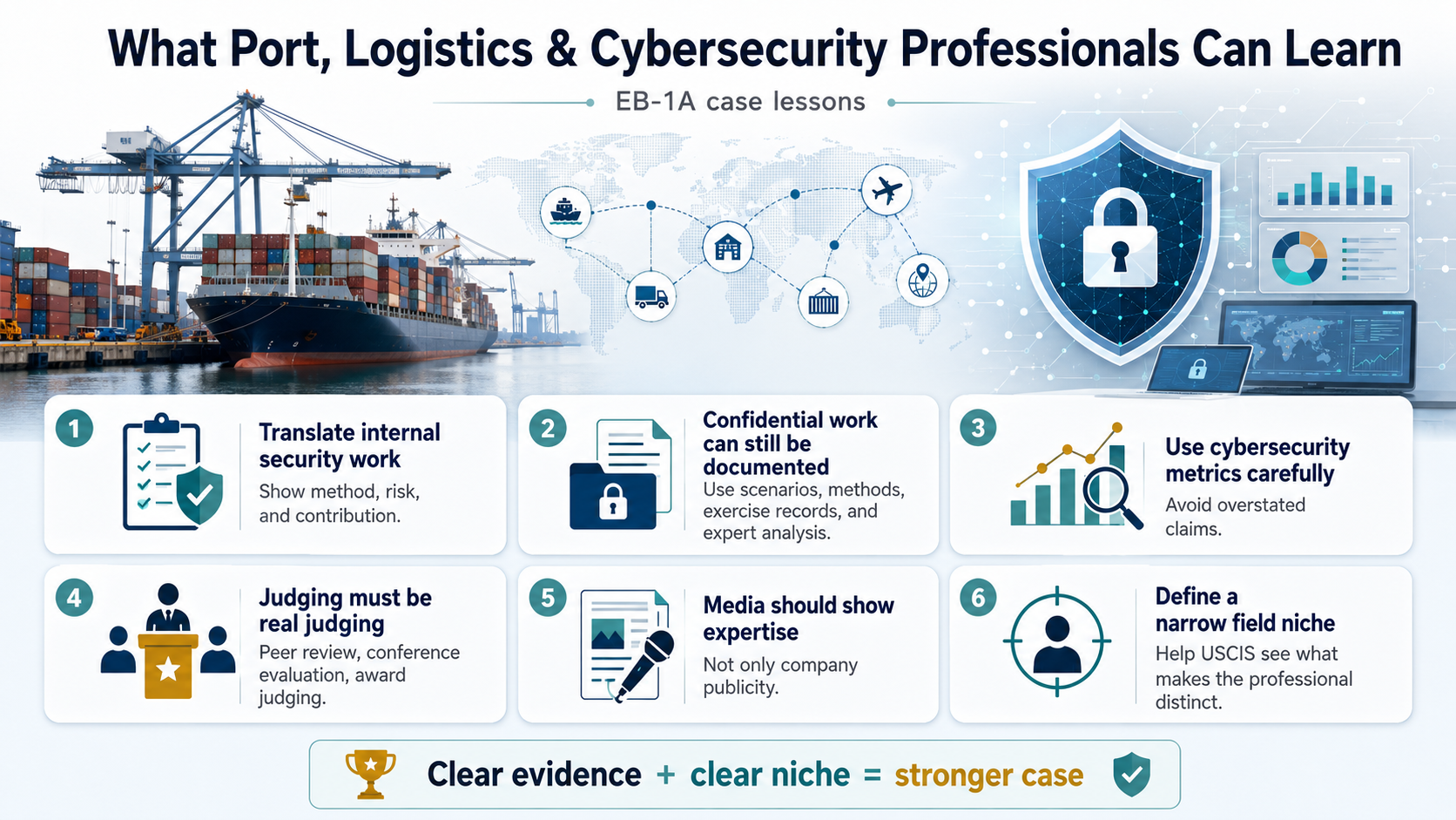 EB-1A Cybersecurity Expert smart-port security infographic.
