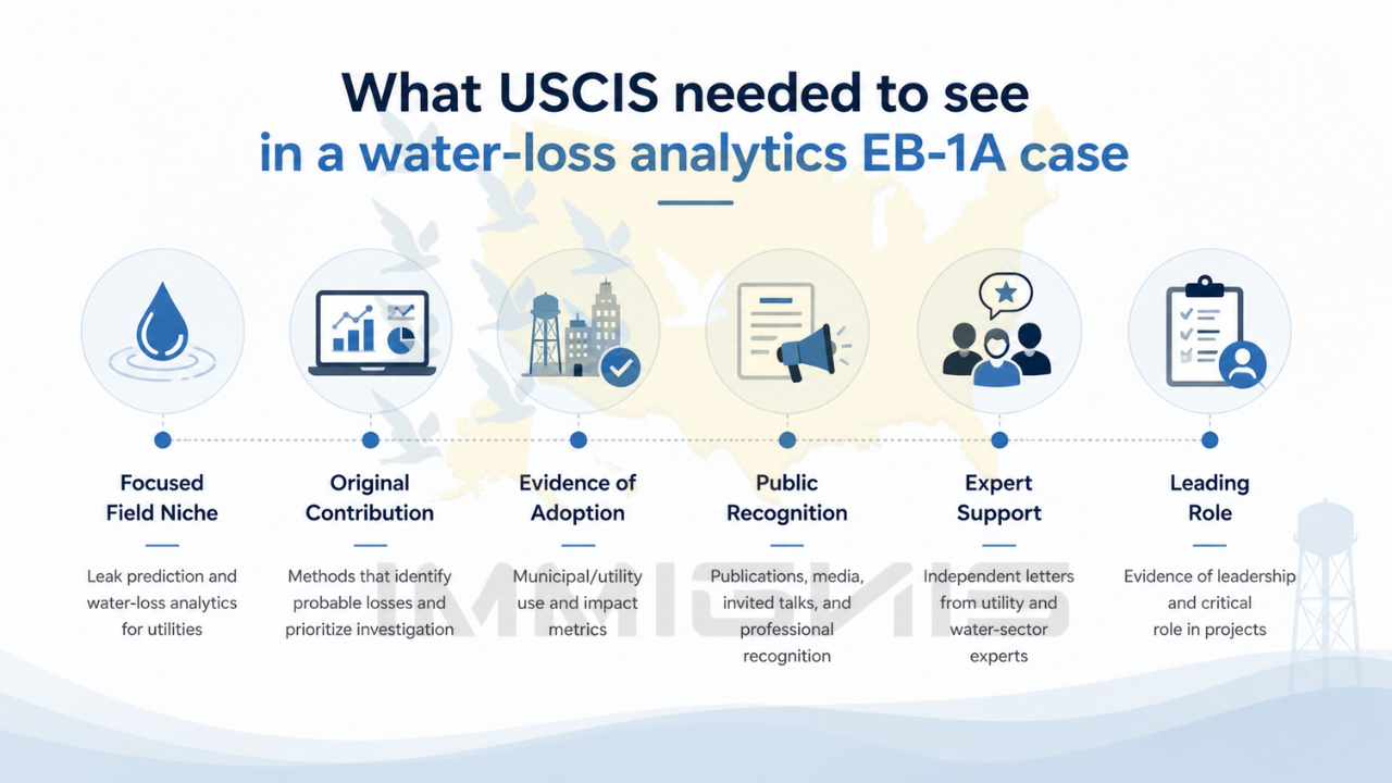 EB-1A Water Security Data Scientist evidence infographic.