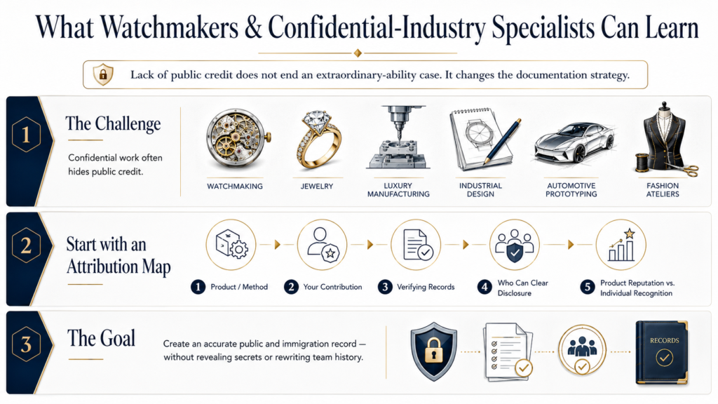 EB-1A Master Watchmaker infographic showing how attribution records can document confidential work and individual recognition.